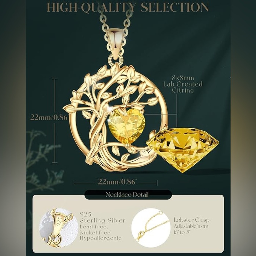 Fancime Tree of Life Heart Birthstone Necklace Fanci Me Sterling Citrine NEW - Picture 5 of 16